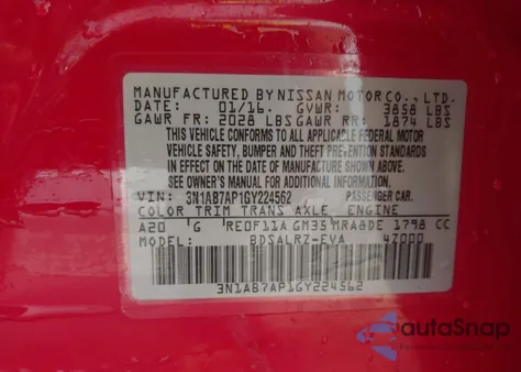 2016 Nissan Sentra Sr from USA, damaged, VIN 3N1AB7AP1GY224562